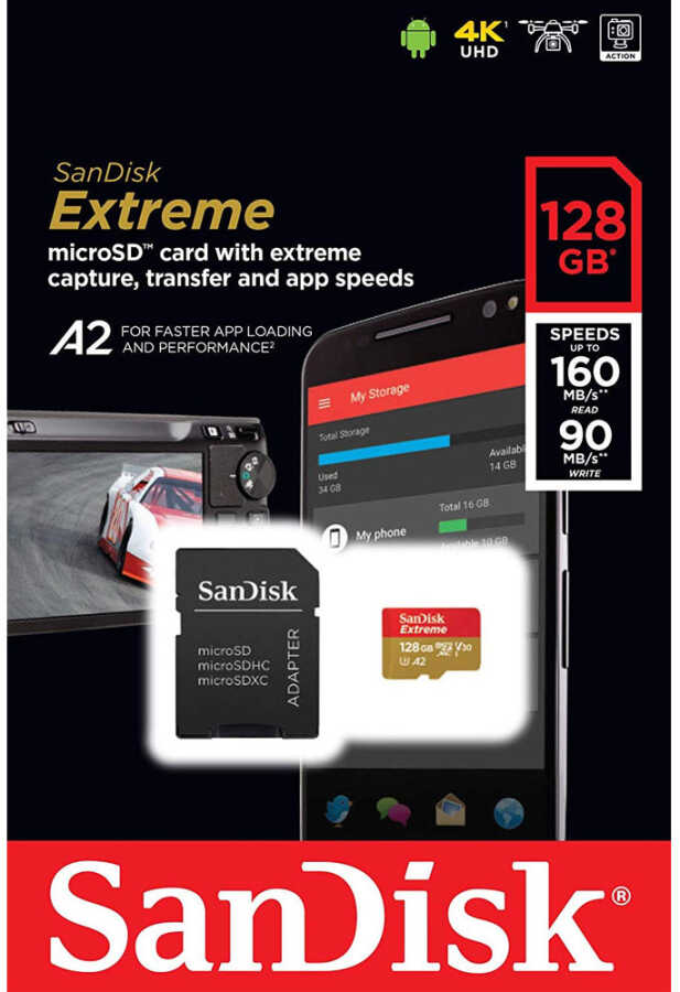 SANDISK EXTREME A2 MICRO SD 128GB 160/90Mb/s SD KART